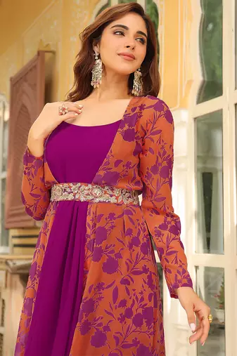  women's pink georgette floral printed embroidered belted dress with jacket