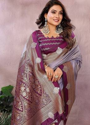 Lavender Color Zari Weaving Kalamkari Silk Saree 1