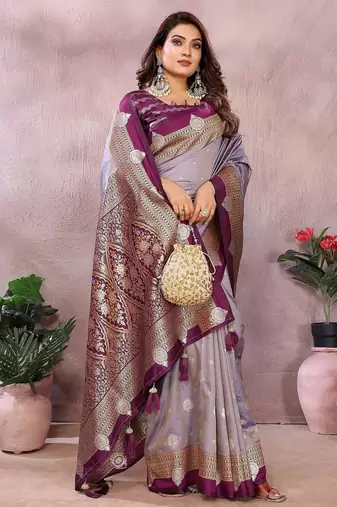 Lavender Color Zari Weaving Kalamkari Silk Saree