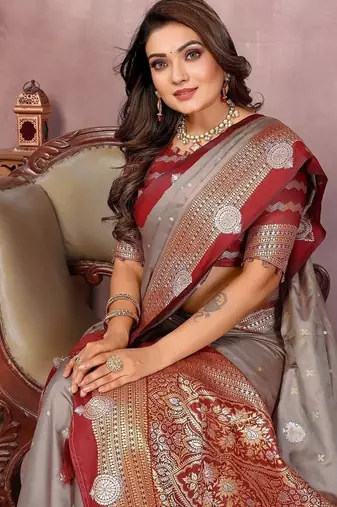 Grey Color Zari Weaving Kalamkari Silk Saree