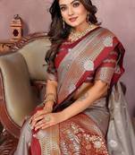 Grey Color Zari Weaving Kalamkari Silk Saree