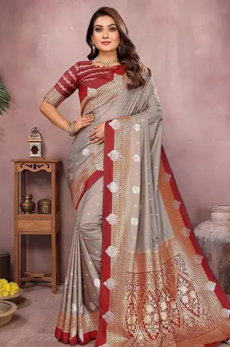 Grey Color Zari Weaving Kalamkari Silk Saree