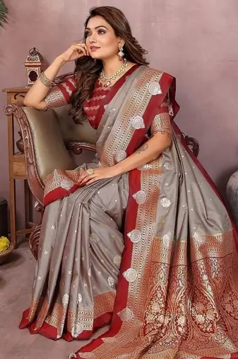 Grey Color Zari Weaving Kalamkari Silk Saree