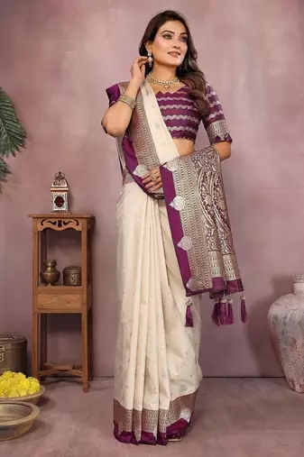 Off White Color Zari Weaving Kalamkari Silk Saree