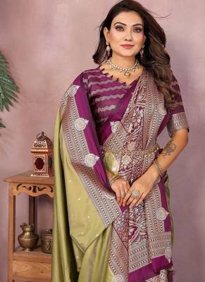 Olive Color Zari Weaving Kalamkari Silk Saree 1