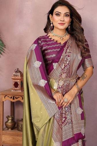 Olive Color Zari Weaving Kalamkari Silk Saree