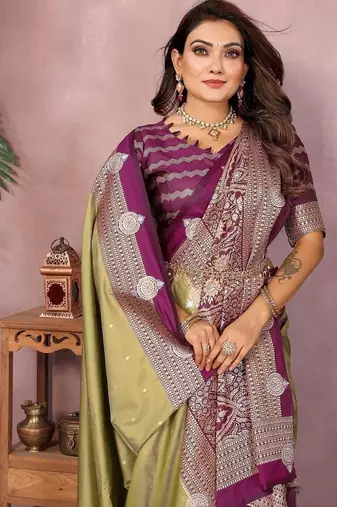 Olive Color Zari Weaving Kalamkari Silk Saree