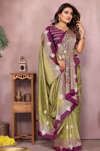 Olive Color Zari Weaving Kalamkari Silk Saree