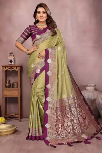 Olive Color Zari Weaving Kalamkari Silk Saree