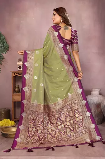 Olive Color Zari Weaving Kalamkari Silk Saree