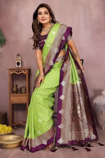 Parrot Green Color Zari Weaving Kalamkari Silk Saree