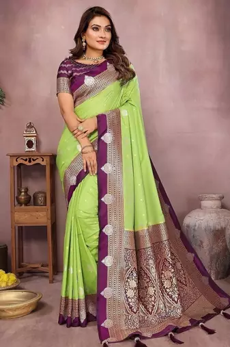 Parrot Green Color Zari Weaving Kalamkari Silk Saree