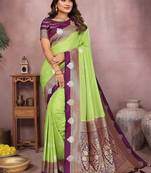 Parrot Green Color Zari Weaving Kalamkari Silk Saree