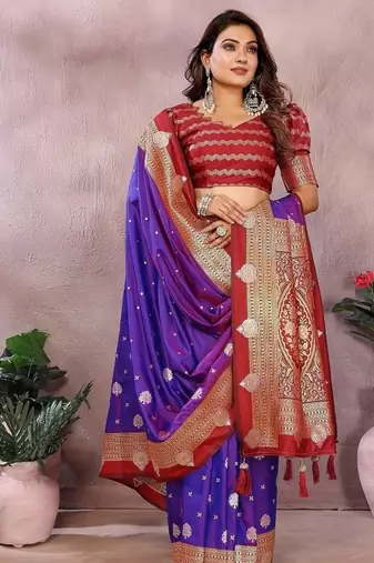 Purple Color Zari Weaving Kalamkari Silk Saree