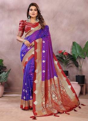 Purple Color Zari Weaving Kalamkari Silk Saree 3