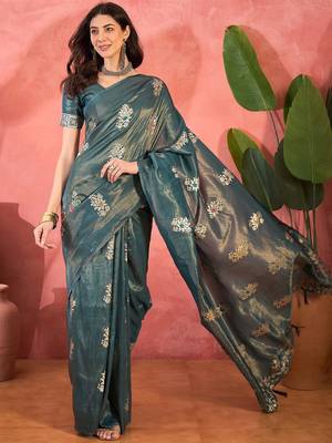 Blue silk blend jacquard saree with unstitched blouse piece 1