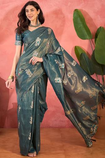 Blue silk blend jacquard saree with unstitched blouse piece