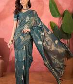 Blue silk blend jacquard saree with unstitched blouse piece
