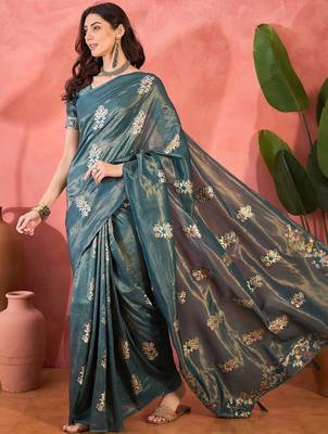 Blue silk blend jacquard saree with unstitched blouse piece 2