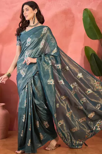 Blue silk blend jacquard saree with unstitched blouse piece
