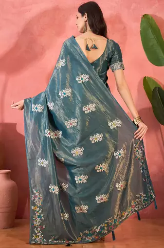 Blue silk blend jacquard saree with unstitched blouse piece