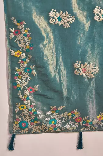 Blue silk blend jacquard saree with unstitched blouse piece