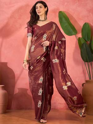 Maroon silk blend jacquard saree with unstitched blouse piece 1