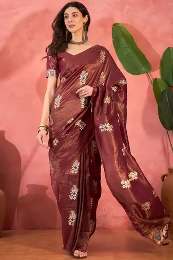 Maroon silk blend jacquard saree with unstitched blouse piece