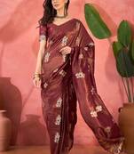 Maroon silk blend jacquard saree with unstitched blouse piece