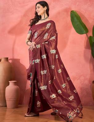 Maroon silk blend jacquard saree with unstitched blouse piece 2