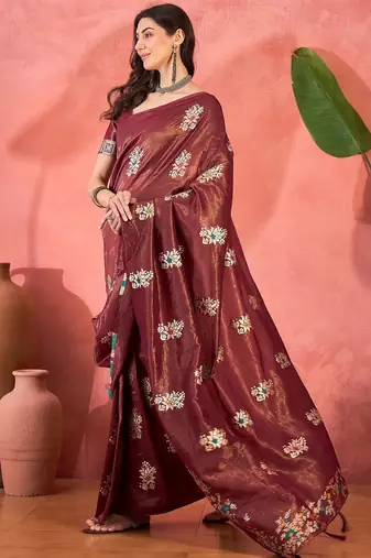 Maroon silk blend jacquard saree with unstitched blouse piece
