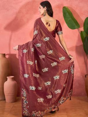 Maroon silk blend jacquard saree with unstitched blouse piece 3