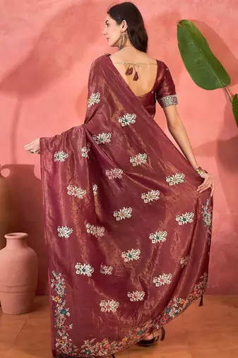 Maroon silk blend jacquard saree with unstitched blouse piece