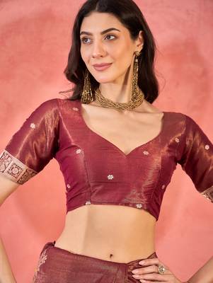 Maroon silk blend jacquard saree with unstitched blouse piece 4