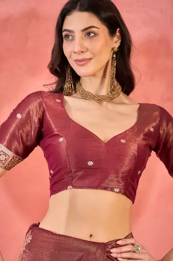 Maroon silk blend jacquard saree with unstitched blouse piece