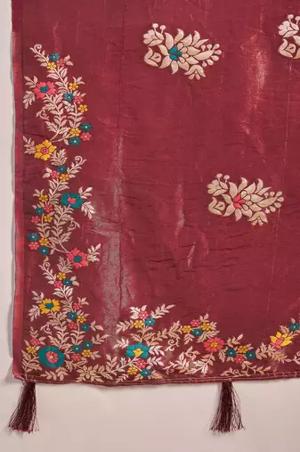 Maroon silk blend jacquard saree with unstitched blouse piece