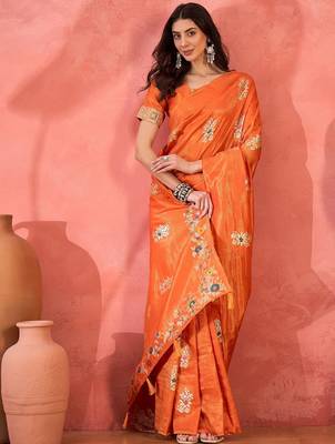 Orange silk blend jacquard saree with unstitched blouse piece 1