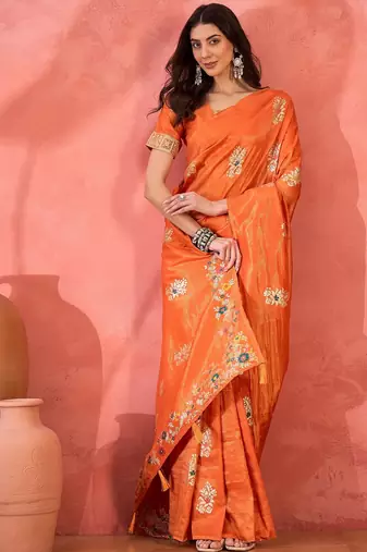 Orange silk blend jacquard saree with unstitched blouse piece
