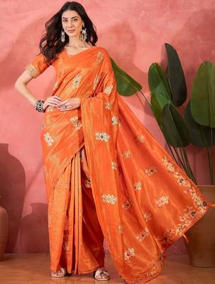 Orange silk blend jacquard saree with unstitched blouse piece 2
