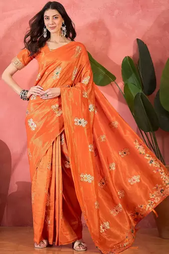 Orange silk blend jacquard saree with unstitched blouse piece