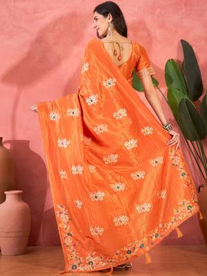 Orange silk blend jacquard saree with unstitched blouse piece 3