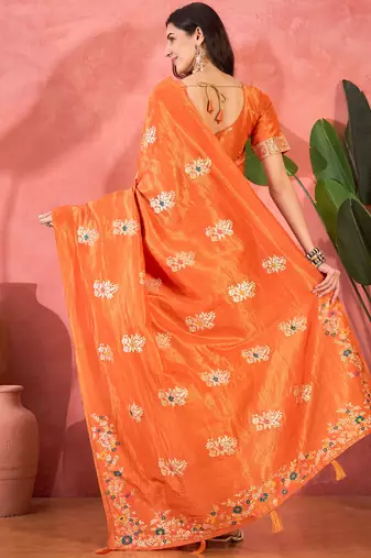 Orange silk blend jacquard saree with unstitched blouse piece