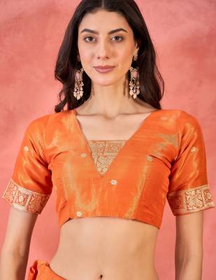 Orange silk blend jacquard saree with unstitched blouse piece 4
