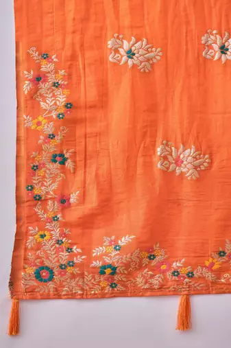 Orange silk blend jacquard saree with unstitched blouse piece