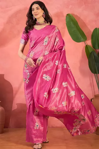Pink silk blend jacquard saree with unstitched blouse piece