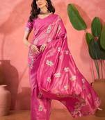 Pink silk blend jacquard saree with unstitched blouse piece