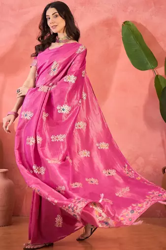 Pink silk blend jacquard saree with unstitched blouse piece
