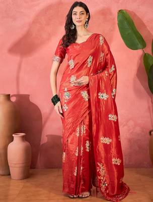 Red silk blend jacquard saree with unstitched blouse piece 1