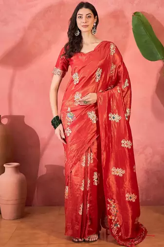 Red silk blend jacquard saree with unstitched blouse piece