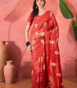 Red silk blend jacquard saree with unstitched blouse piece